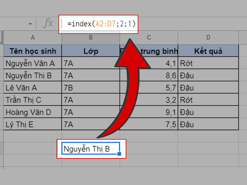 Ví dụ về hàm INDEX